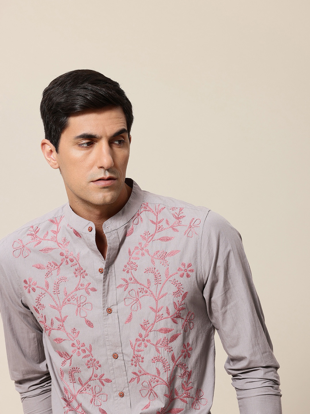 

Mr Bowerbird Pure Cotton Floral Embroidered Tailored Fit Opaque Casual Shirt, Grey