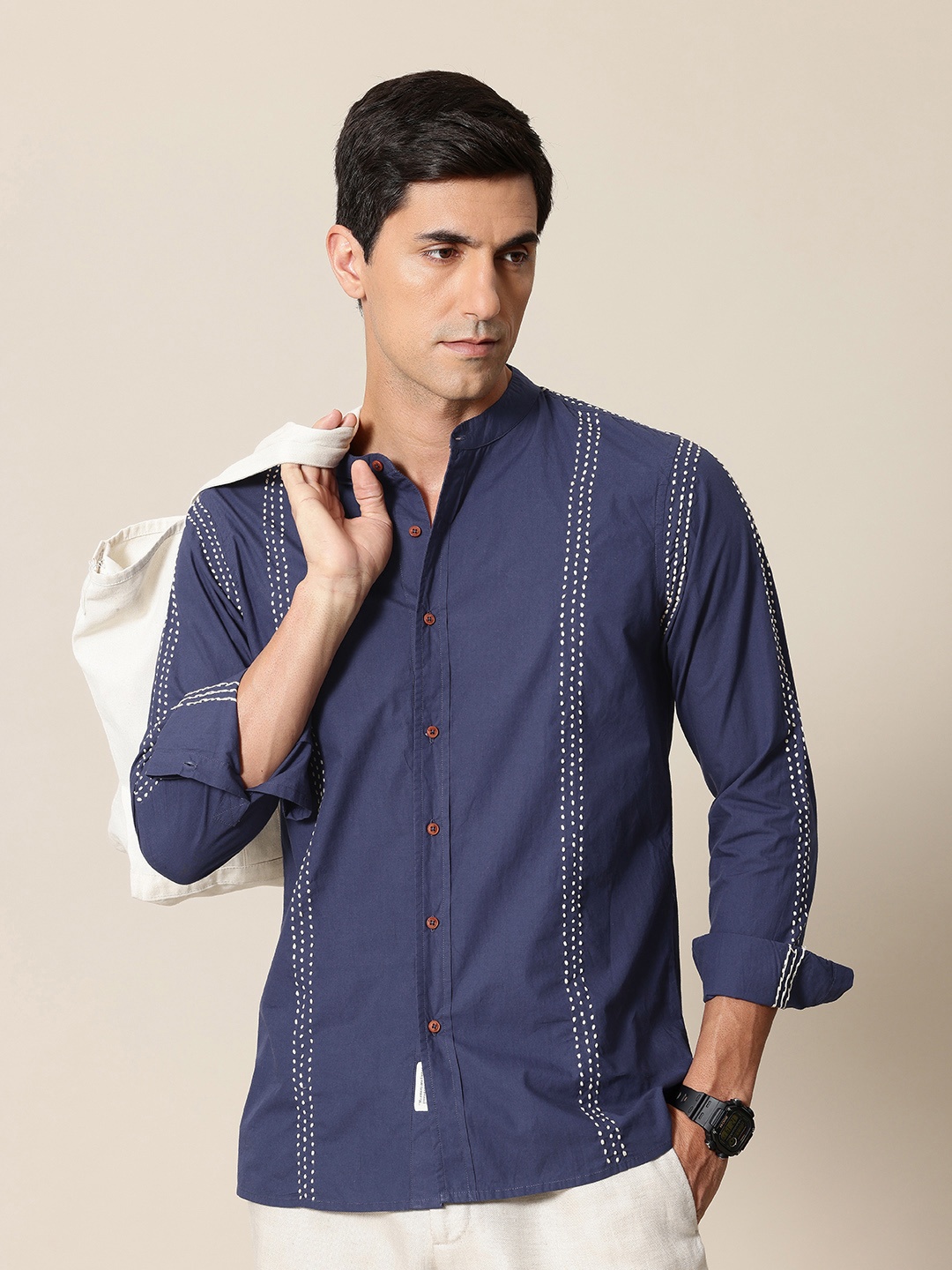 

Mr Bowerbird Pure Cotton Embroidered Tailored Fit Opaque Casual Shirt, Navy blue