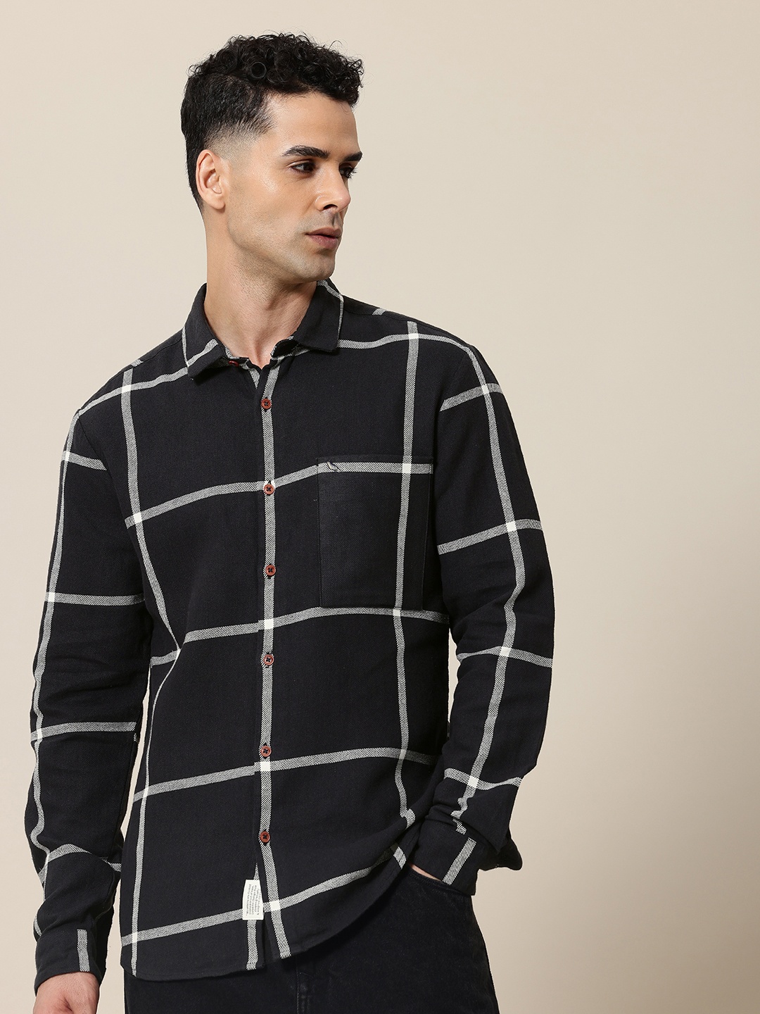 

Mr Bowerbird Tailored Fit Self Checked Pure Cotton Casual Shirt, Black