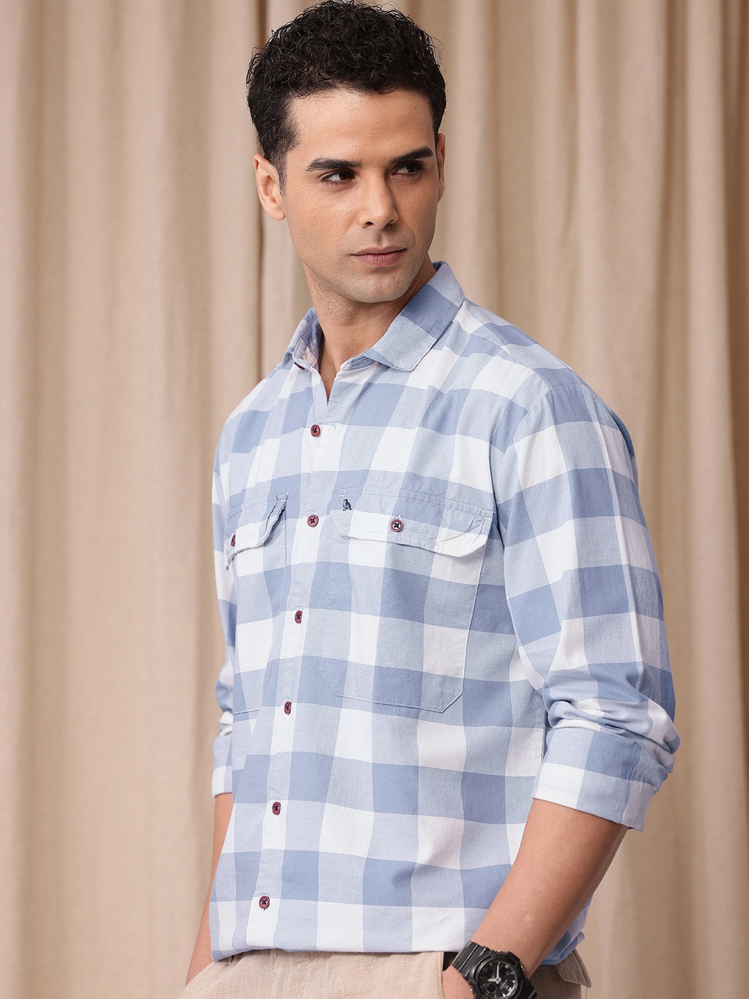 

Mr Bowerbird Buffalo Checked Oversized Pure Cotton Casual Shirt, Blue