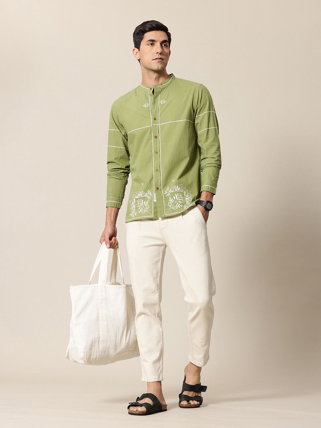 

Mr Bowerbird Pure Cotton Floral Embroidered Tailored Fit Opaque Casual Shirt, Green