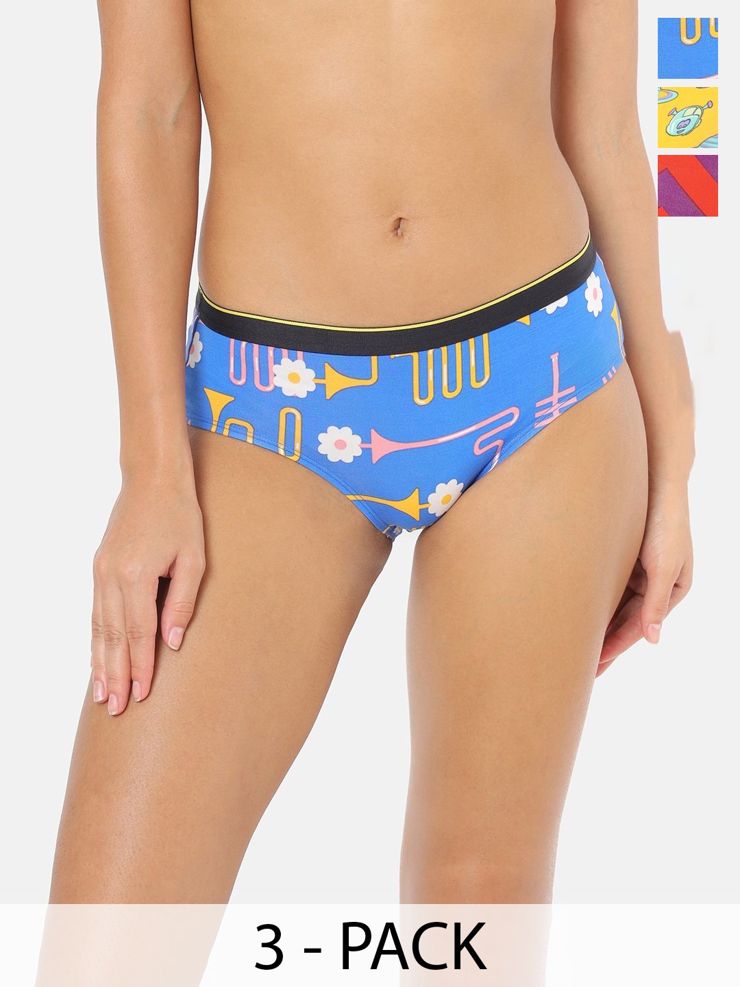 

bummer Pack Of 3 Women Printed Mid Rise Seamless Hipster Briefs, Blue