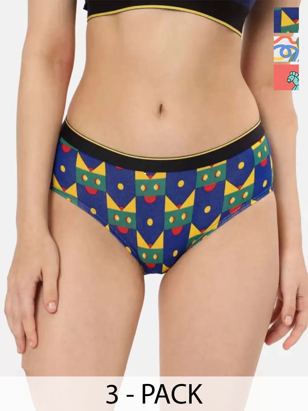 

bummer Pack Of 3 Printed Mid Rise Seamless Hipster Briefs HILZSTFL03S, Navy blue