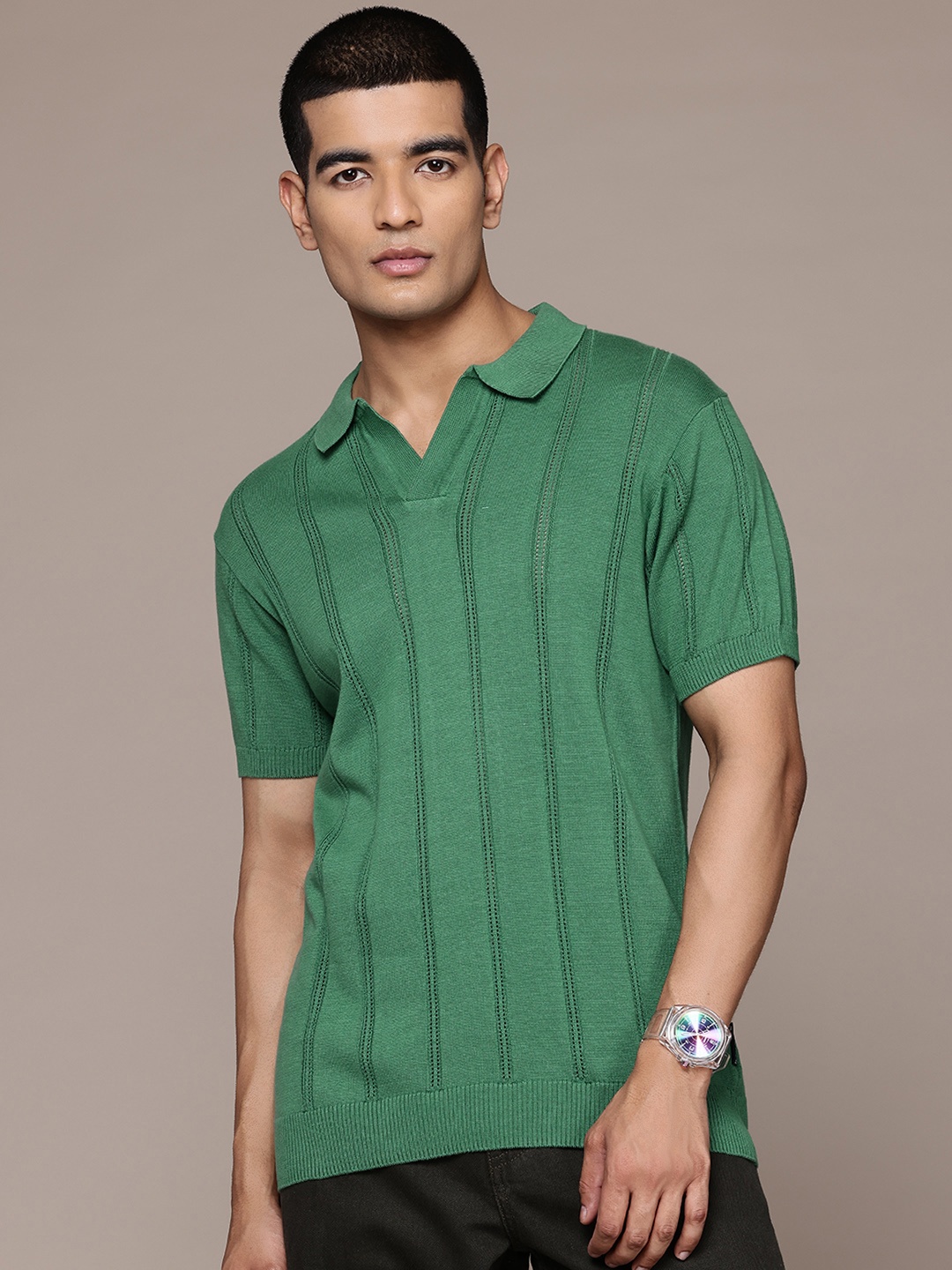 

The Roadster Lifestyle Co. Self-Design Polo Collar Pure Cotton T-shirt, Green