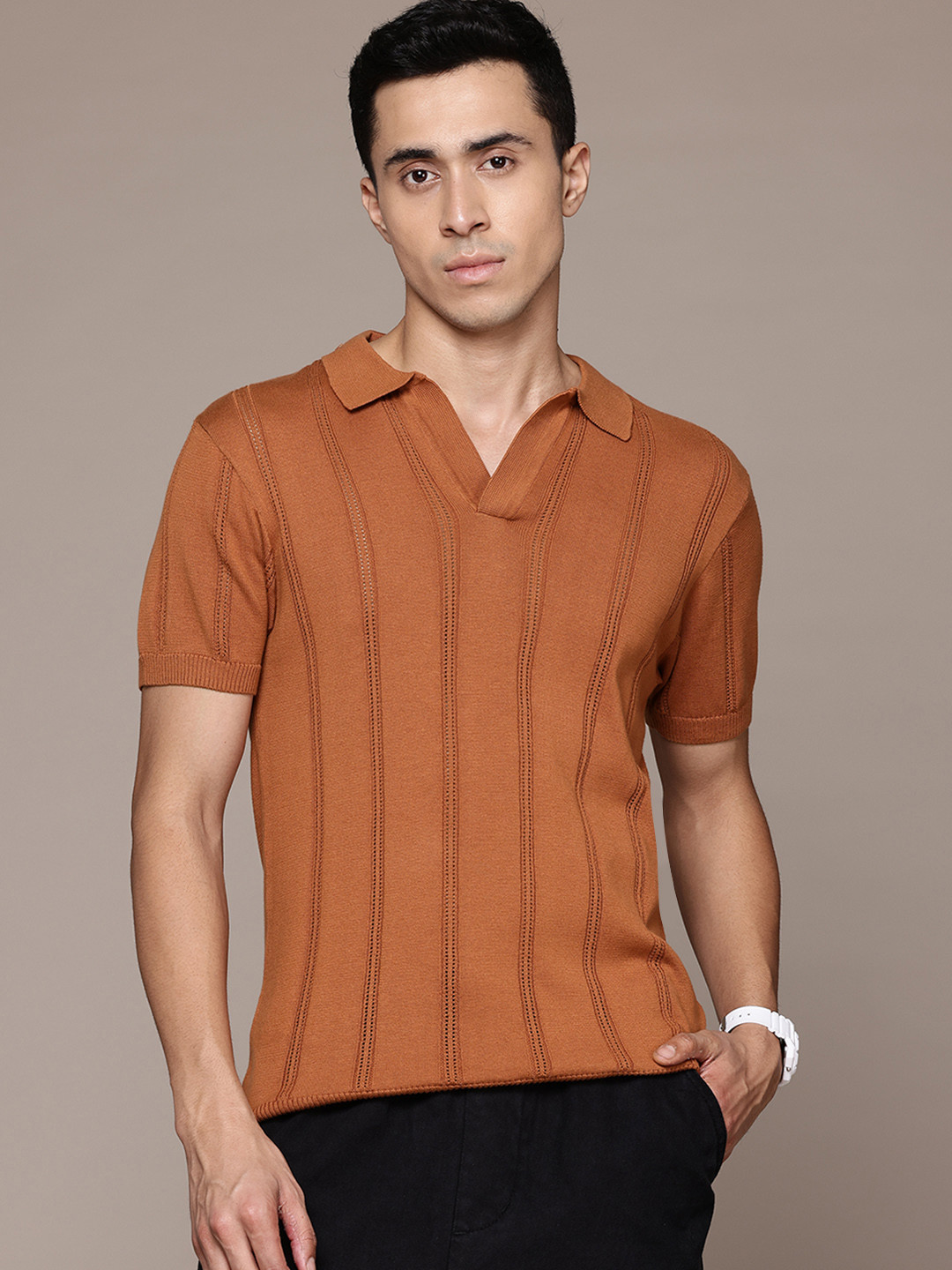 

The Roadster Lifestyle Co. Self-Design Polo Collar Pure Cotton T-shirt, Rust
