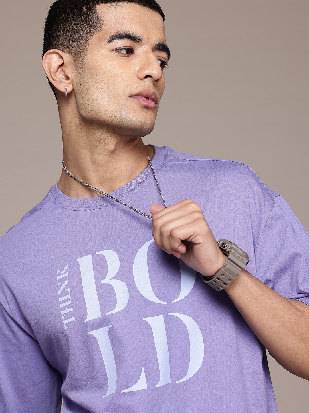 

The Roadster Lifestyle Co. Typography Printed Drop-Shoulder Sleeves T-shirt, Lavender