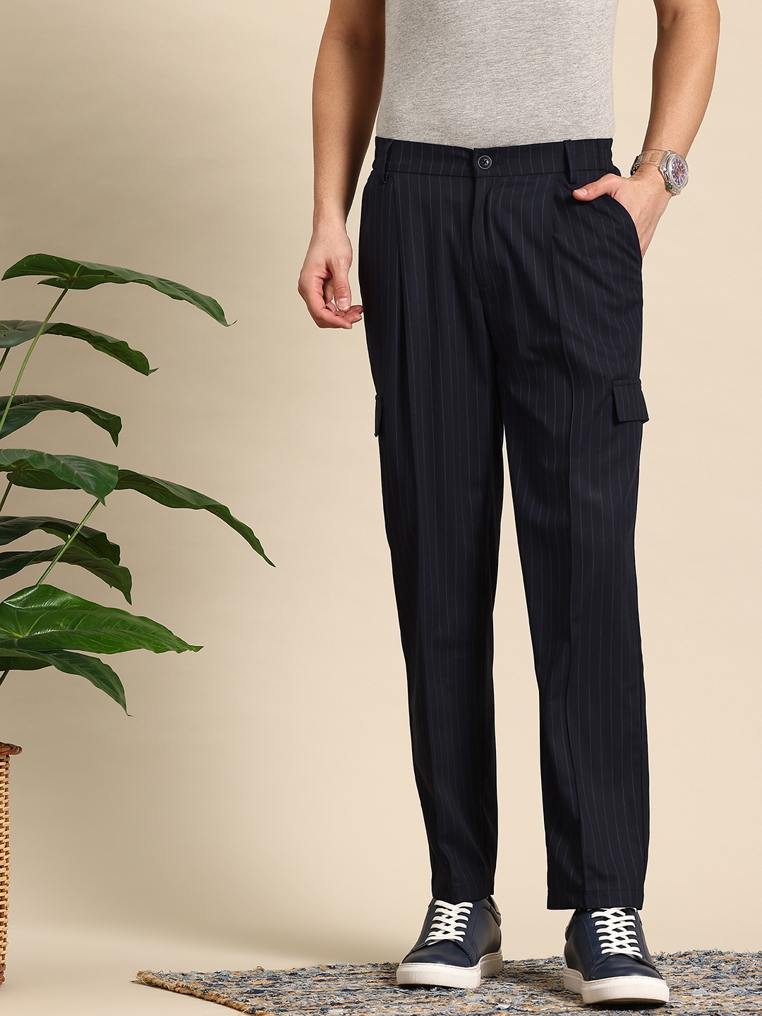 

Mast & Harbour Men Striped Pleated Cargos Style Trousers, Navy blue