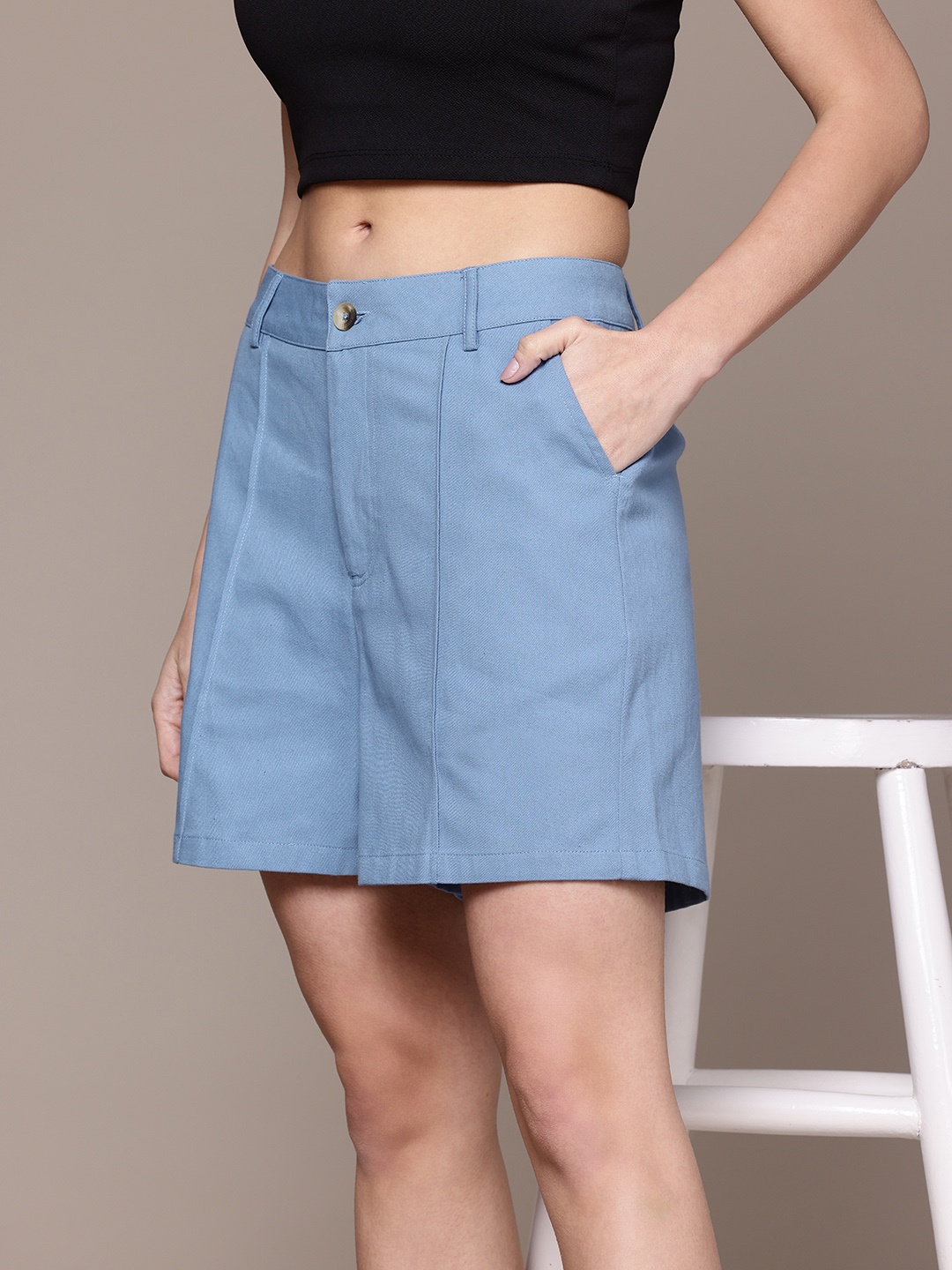 

Roadster The Life Co. Women Pintuck Detailed Pure Cotton Shorts, Blue