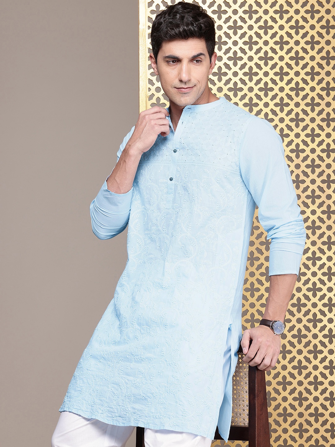 

House of Pataudi Embroidered Jashn Pure Cotton Kurta with Trousers, Blue