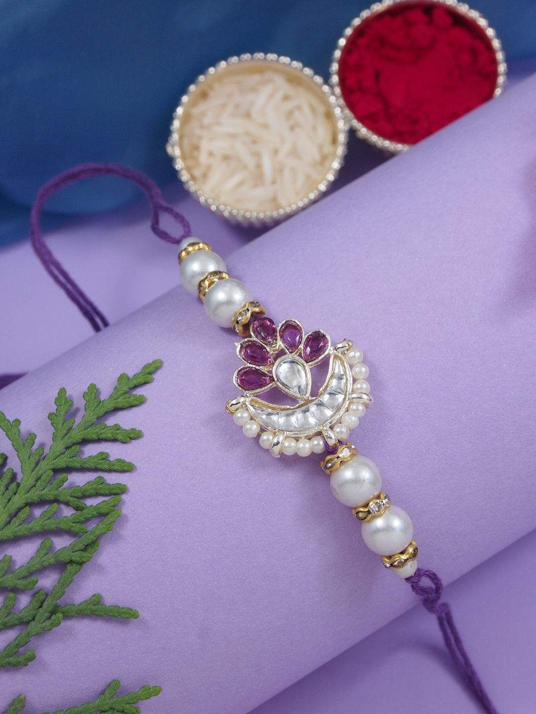 

I Jewels Set Of 4 Kundan Studded Pearl Beaded Rakhis With Roli Chawal & Greeting Card, Purple