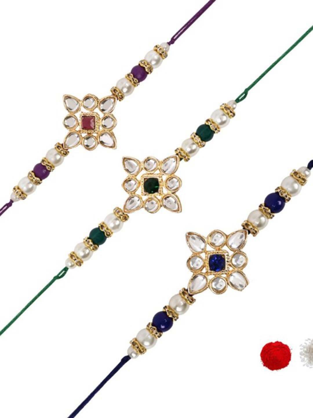 

I Jewels Set Of 3 Kundan Studded & Beaded Thread Rakhi With Roli Chawal & Greeting Card, Blue
