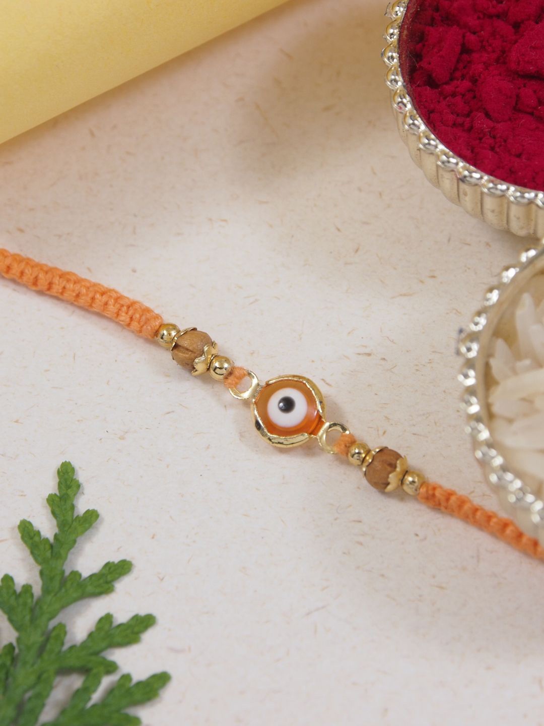 

I Jewels Set Of 3 Evil Eye Beaded Rakhis With Roli Chawal & Greeting Card, Orange