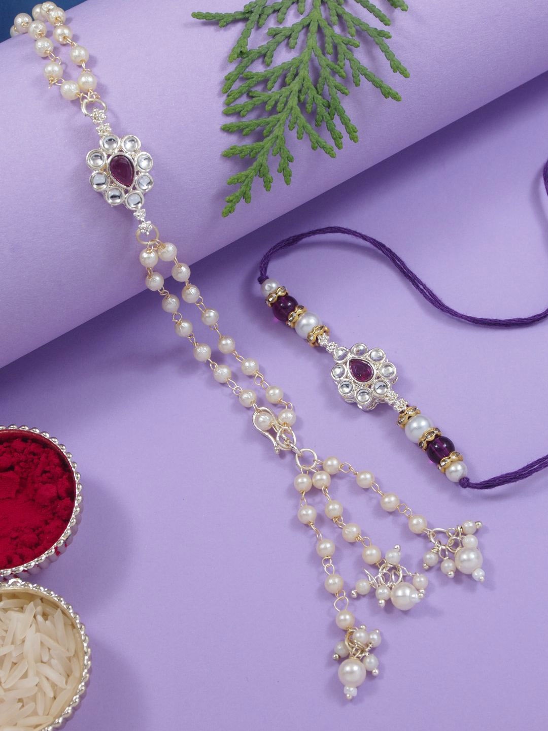 

I Jewels Pearl Beaded Bhaiya Bhabhi Lumba Rakhi With Roli Chawal & Greeting Card, Purple