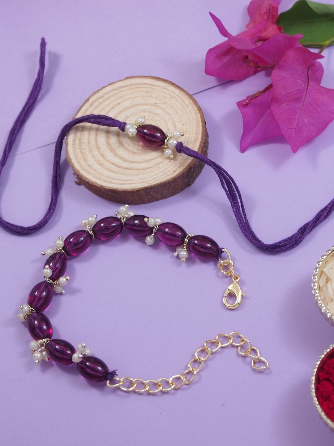 

I Jewels Pearl Bhaiya Bhabhi Rakhi With Roli Chawal & Card, Purple