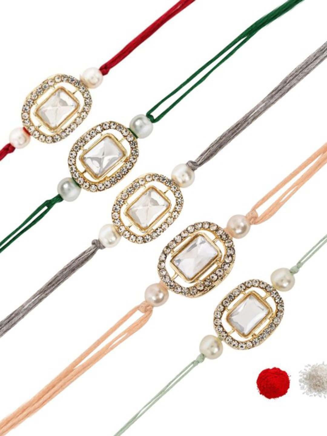 

I Jewels Set Of 5 Pearls Beaded Bhaiya Rakhi With Roli Chawal & Greeting Card, White