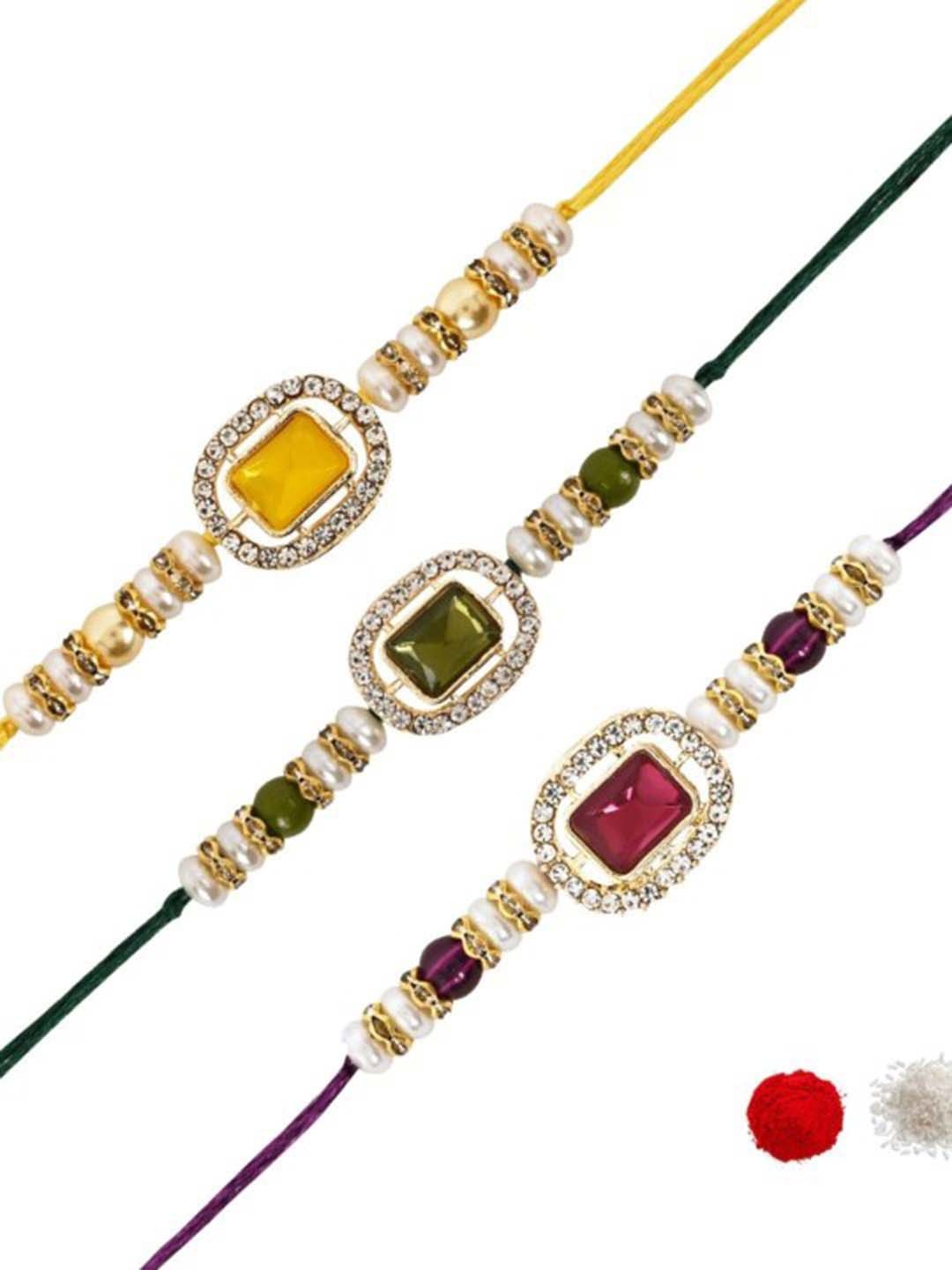 

I Jewels Set Of 3 Thread Rakhi With Roli Chawal & Greeting Card, Green
