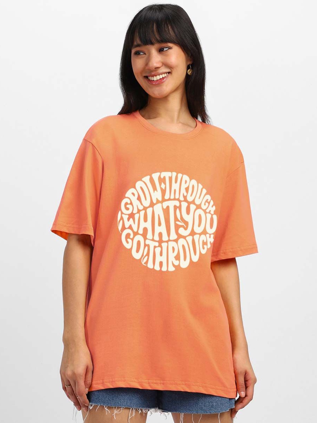 

JUNEBERRY Women Typography Printed Pure Cotton Oversized T-shirt, Orange