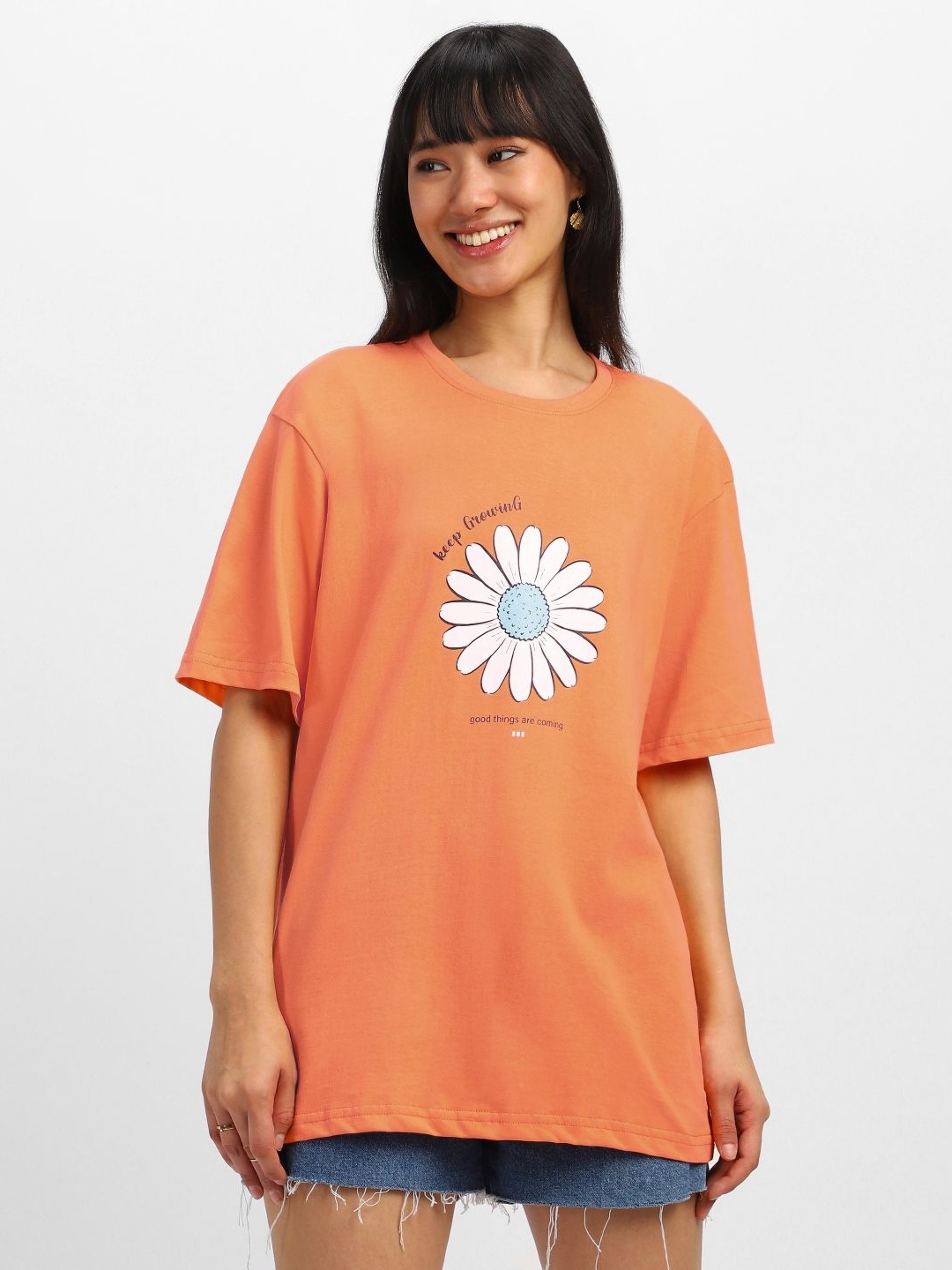 

JUNEBERRY Women Floral Printed Pure Cotton Oversized Tshirt, Orange