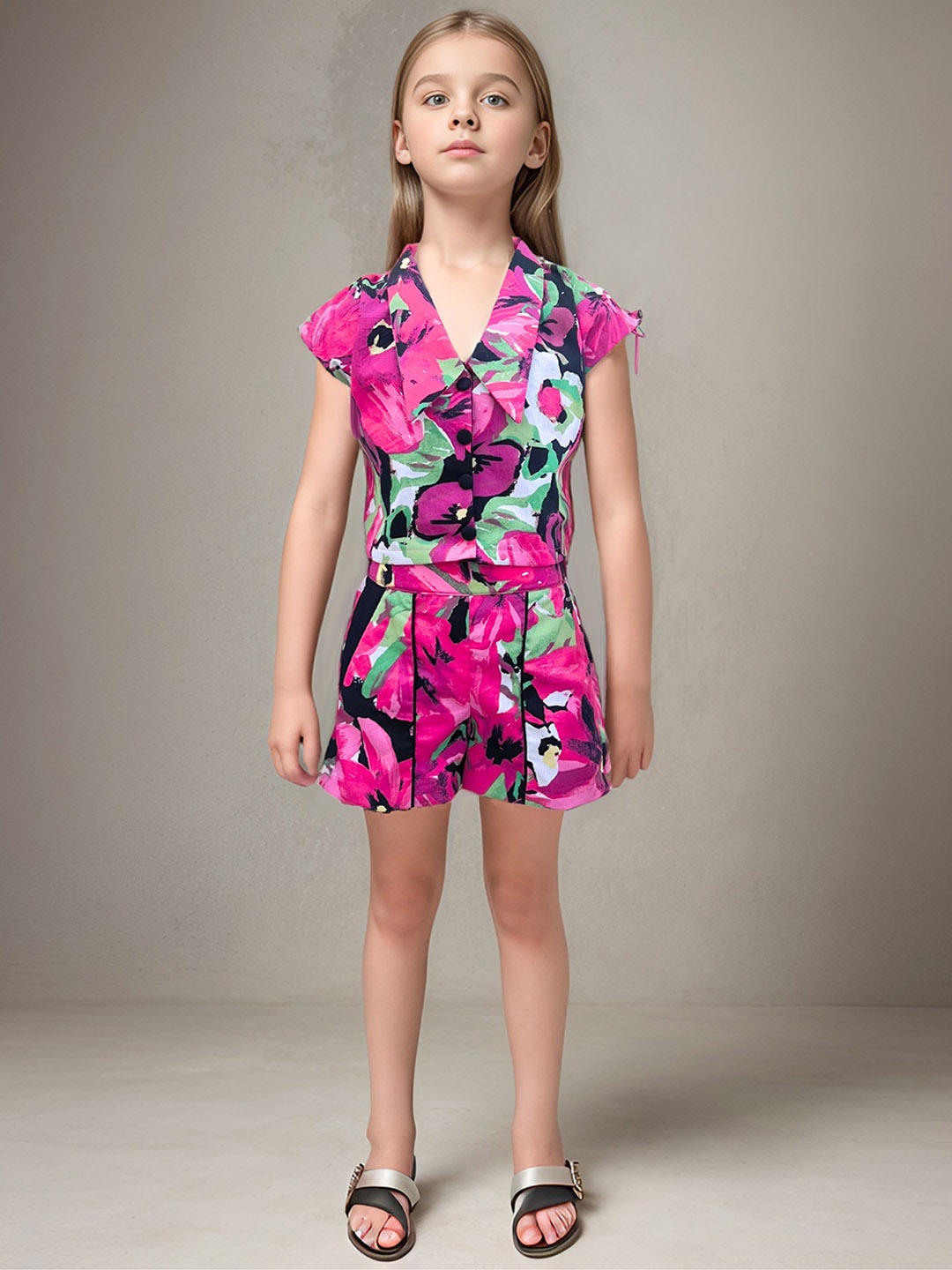 

Safehugs Girls Floral Printed Pure Cotton Shirt with Shorts, Pink