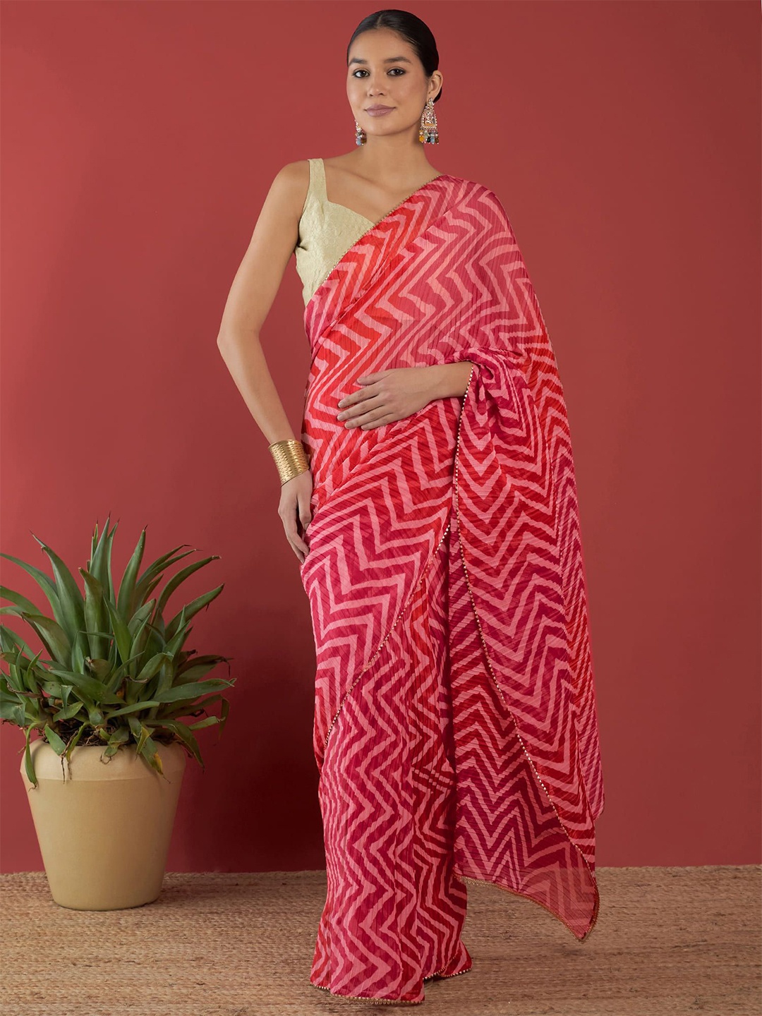 

all about you Striped Printed Gotta Patti Pure Chiffon Saree, Red