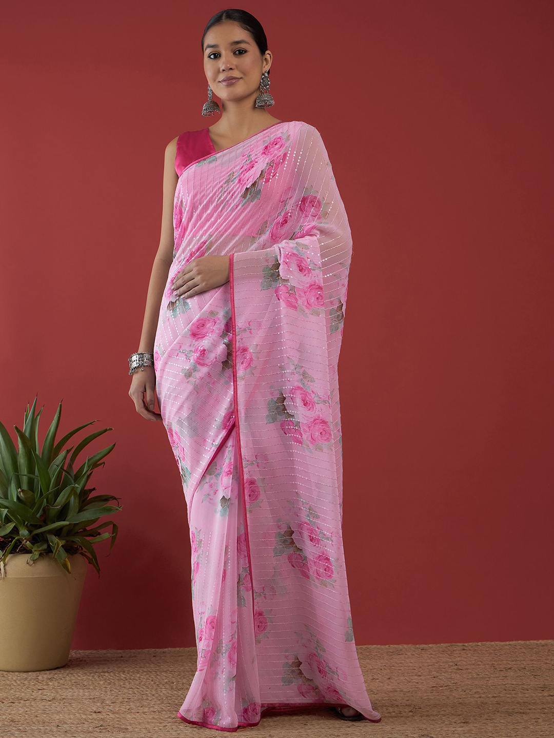 

all about you Floral Sequinned Pure Georgette Saree, Pink