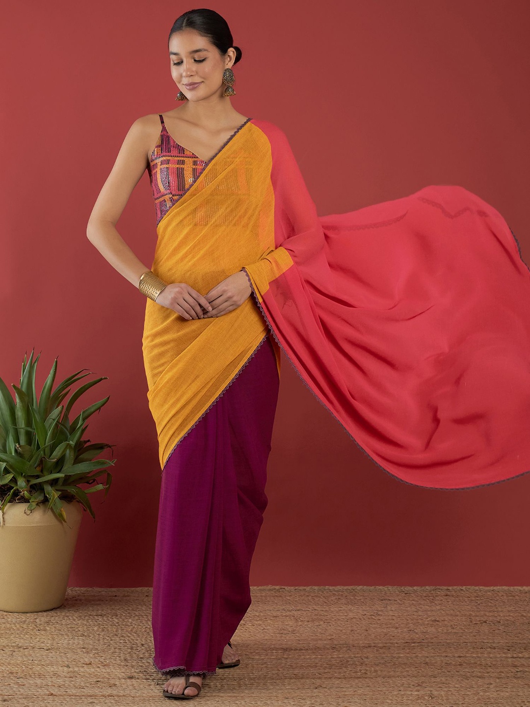 

all about you Colourblocked Embroidered Pure Georgette Saree, Pink