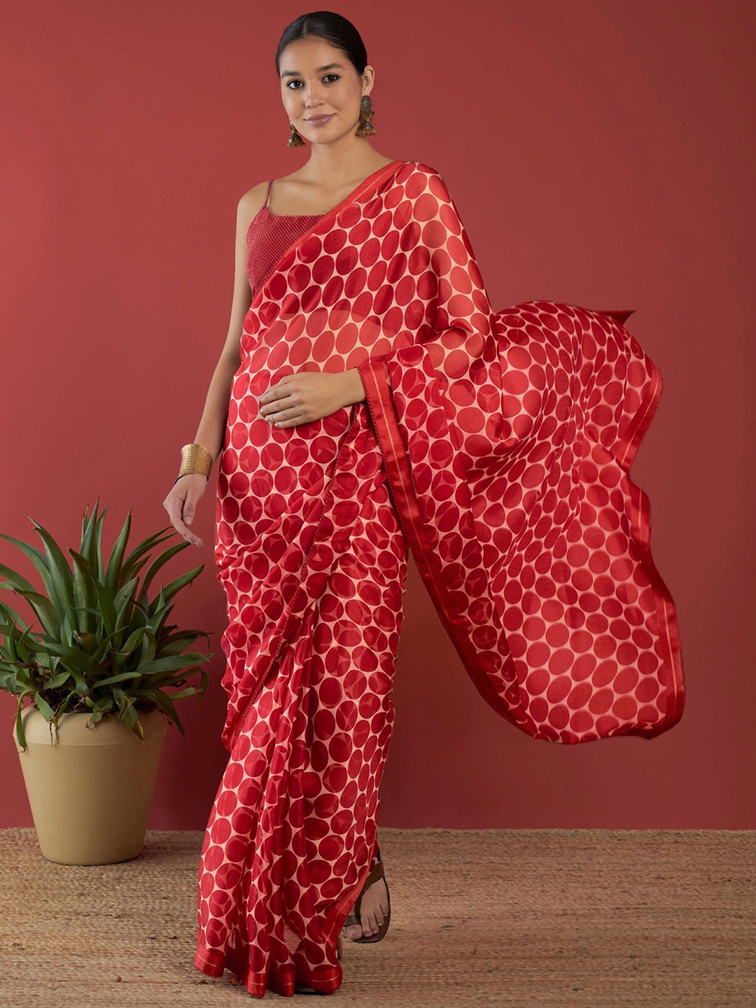 

all about you Geometric Pure Chiffon Saree, Red