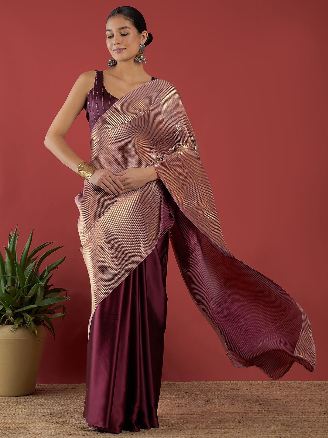 

all about you Accordian Pleats Half & Half Satin Saree, Gold