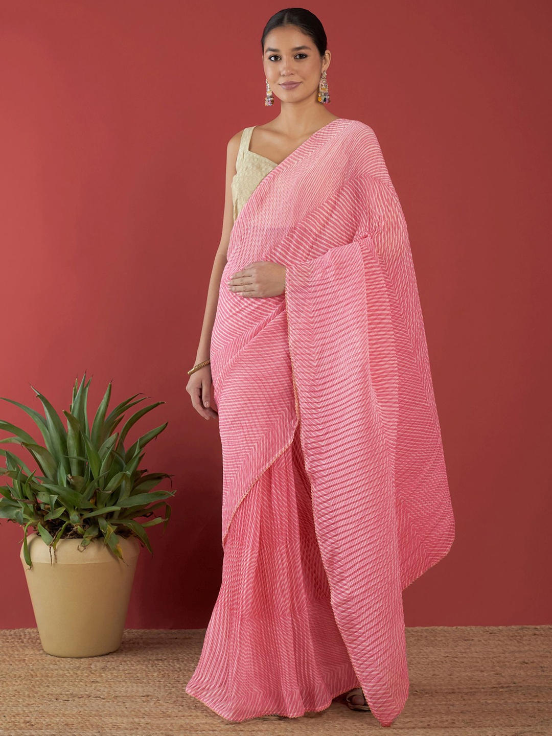 

all about you Striped Printed Gotta Patti Pure Chiffon Saree, Pink