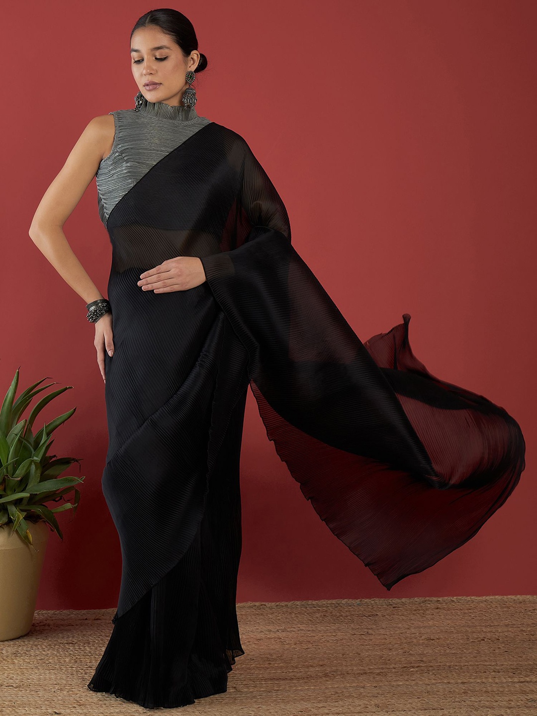 

all about you Accordian Pleated Solid Saree with Blouse, Black