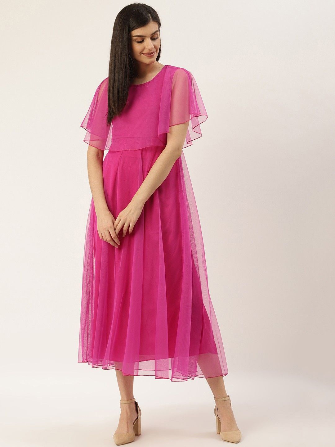 

U&F Women Flared Sleeve Layered Fit & Flare Midi Dress, Magenta