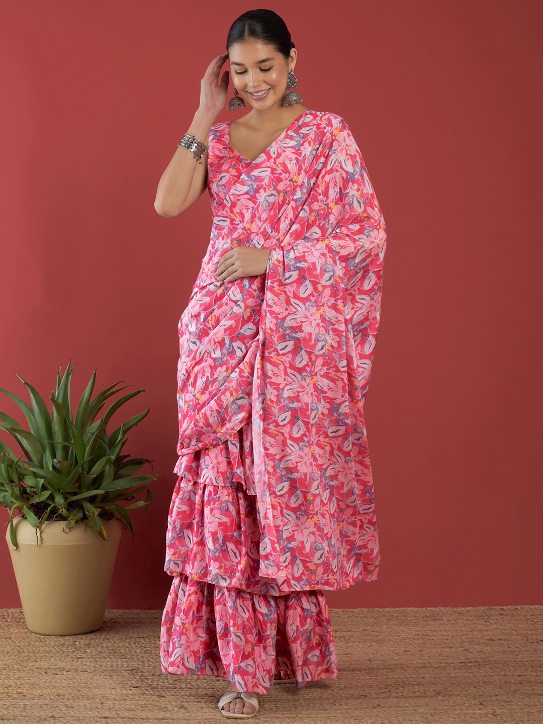 

all about you Floral Print With Frills Ready to Wear Saree, Pink