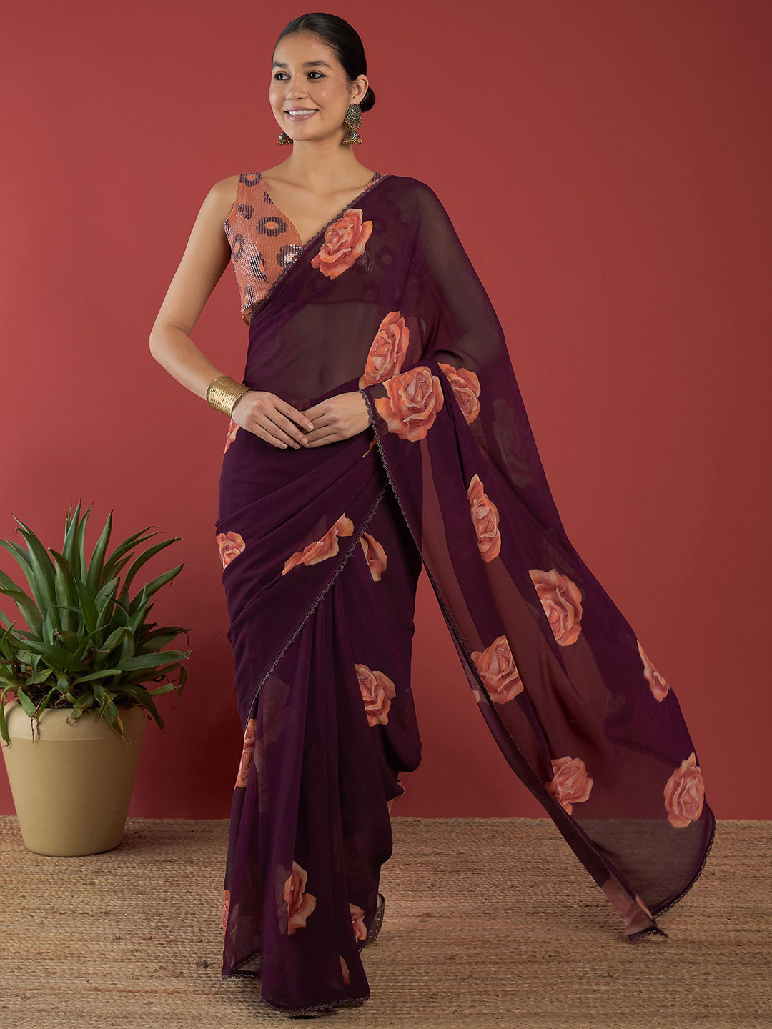 

all about you Floral Gotta Patti Pure Georgette Saree, Black