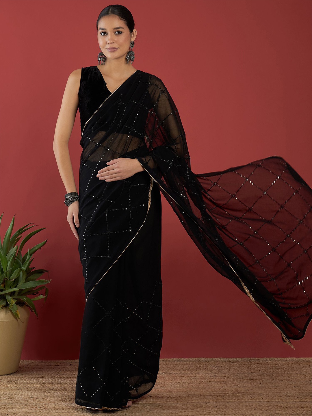 

all about you Sequinned Embellished Pure Chiffon Saree, Black