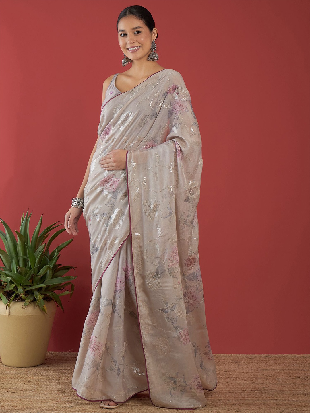 

all about you Floral Embellished Brasso Saree, Grey