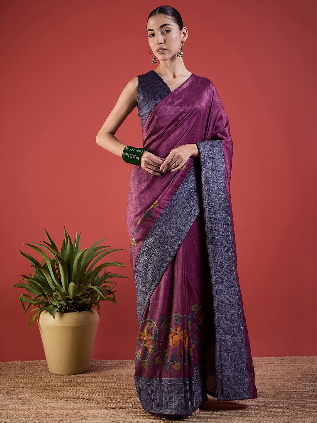 

all about you Floral Print Embroidered Border Saree, Purple
