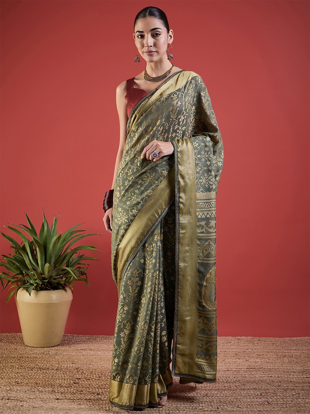 

all about you Woven Design Zardozi Brasso Saree, Grey