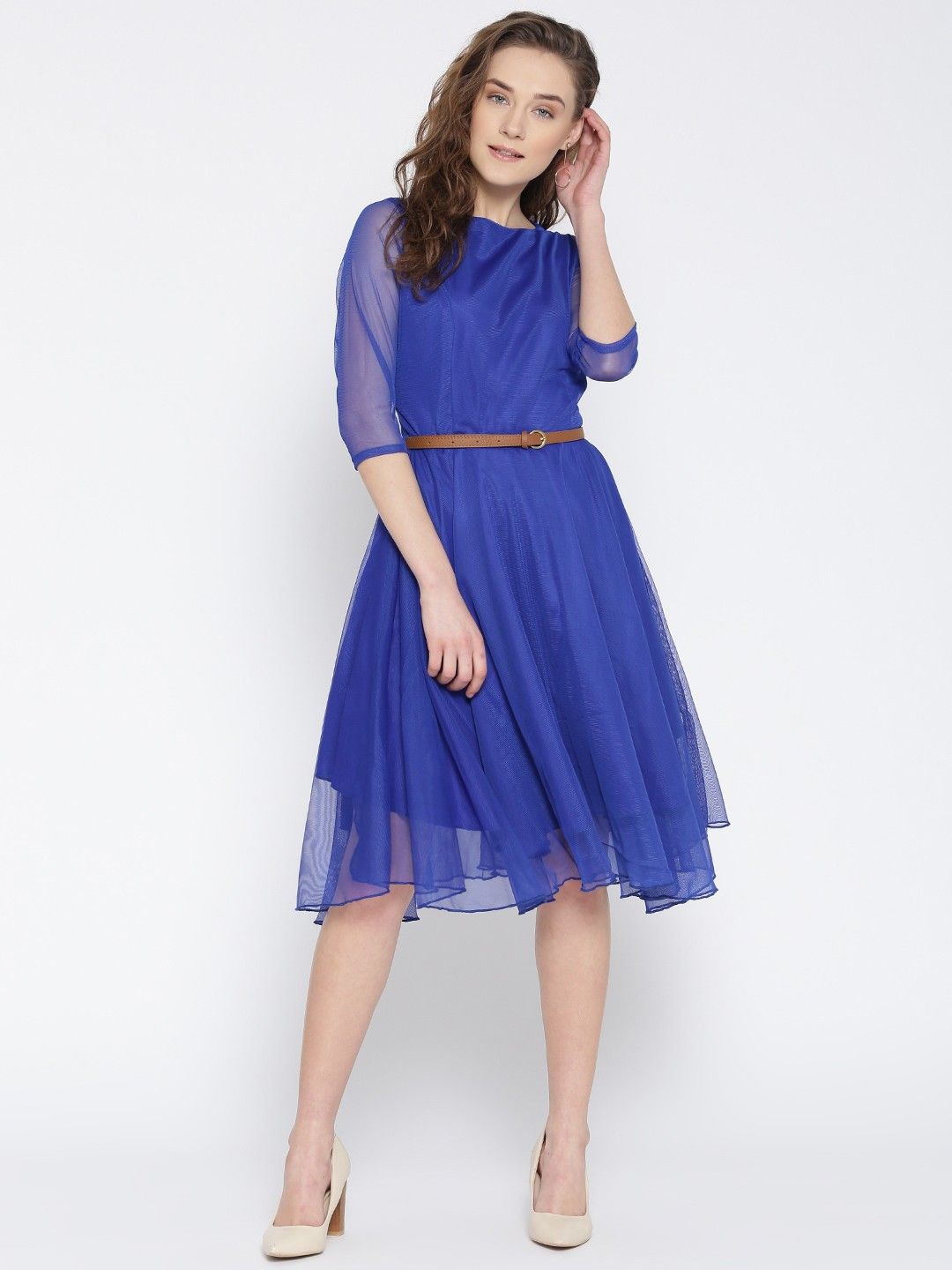 

U&F Women Net Pleated Fit and Flare Dress With Belt, Blue