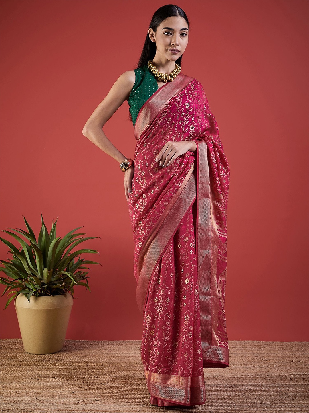 

all about you Ethnic Motif Zari Woven Brasso Saree, Red