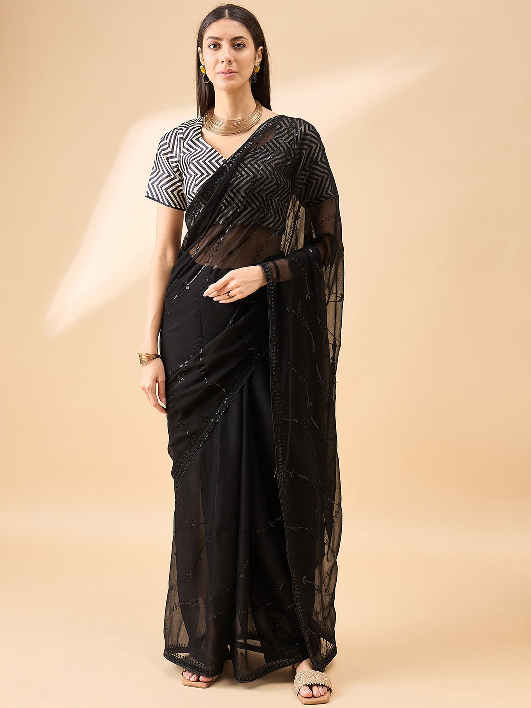 

all about you Embellished Sequinned Pure Chiffon Saree, Black