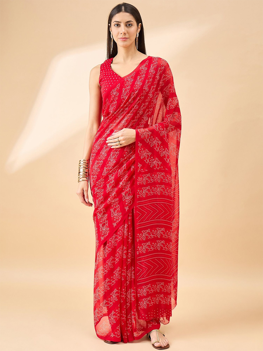 

all about you Printed Pure Georgette Bandhani Saree, Red
