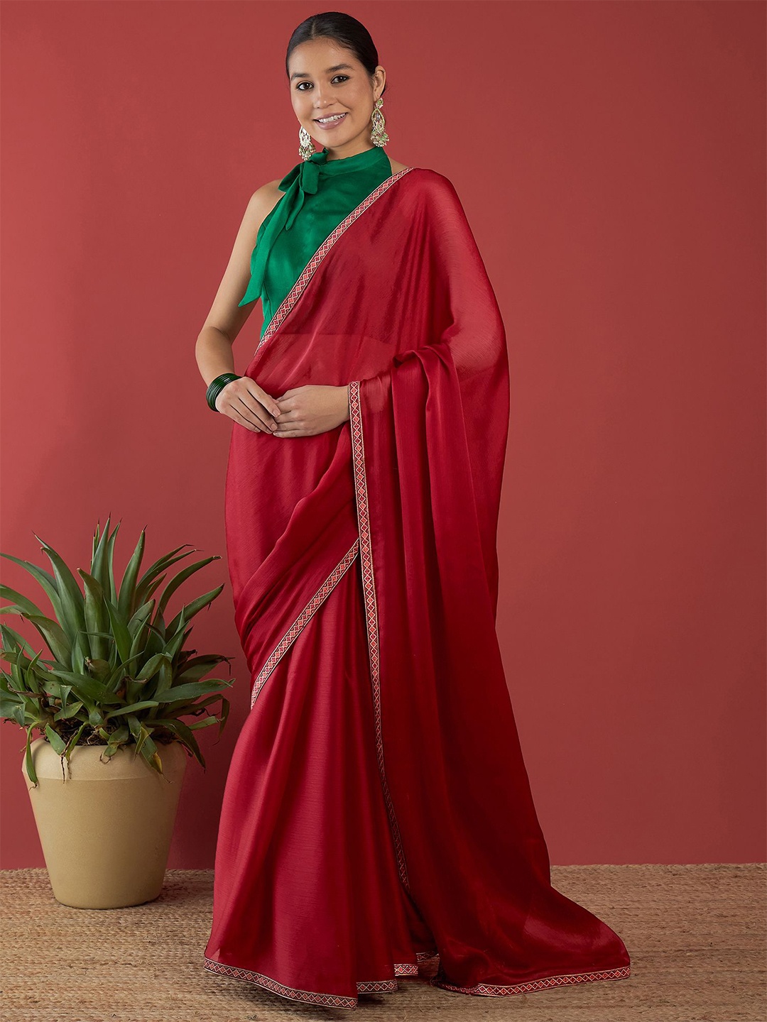 

all about you Solid Satin Embroidered Saree, Maroon