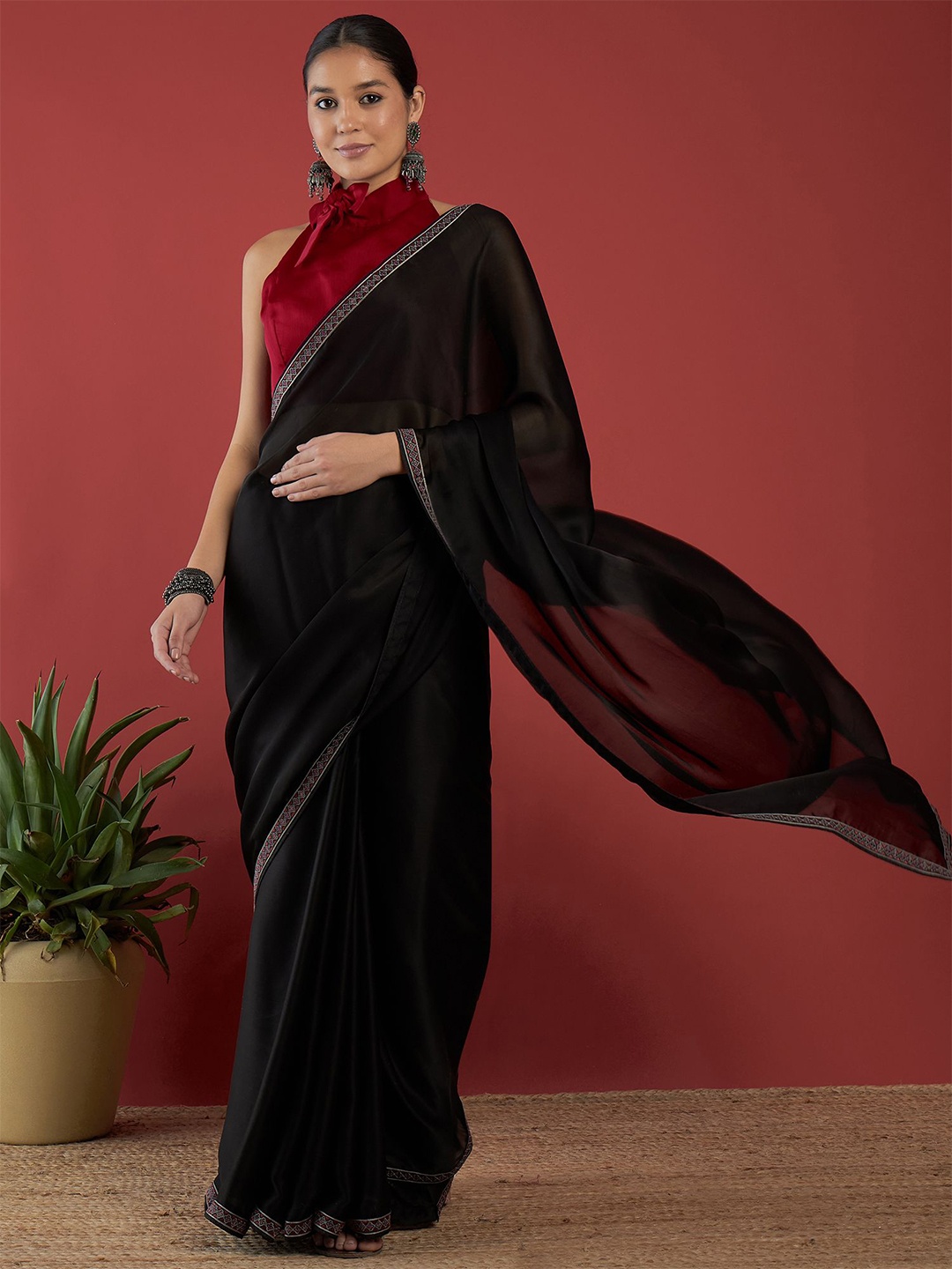 

all about you Satin Saree Wirh Blouse Piece, Black