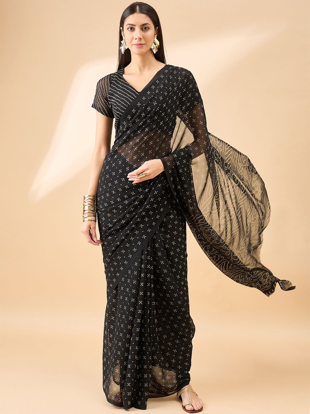 

all about you Pure Georgette Bandhani Saree, Black