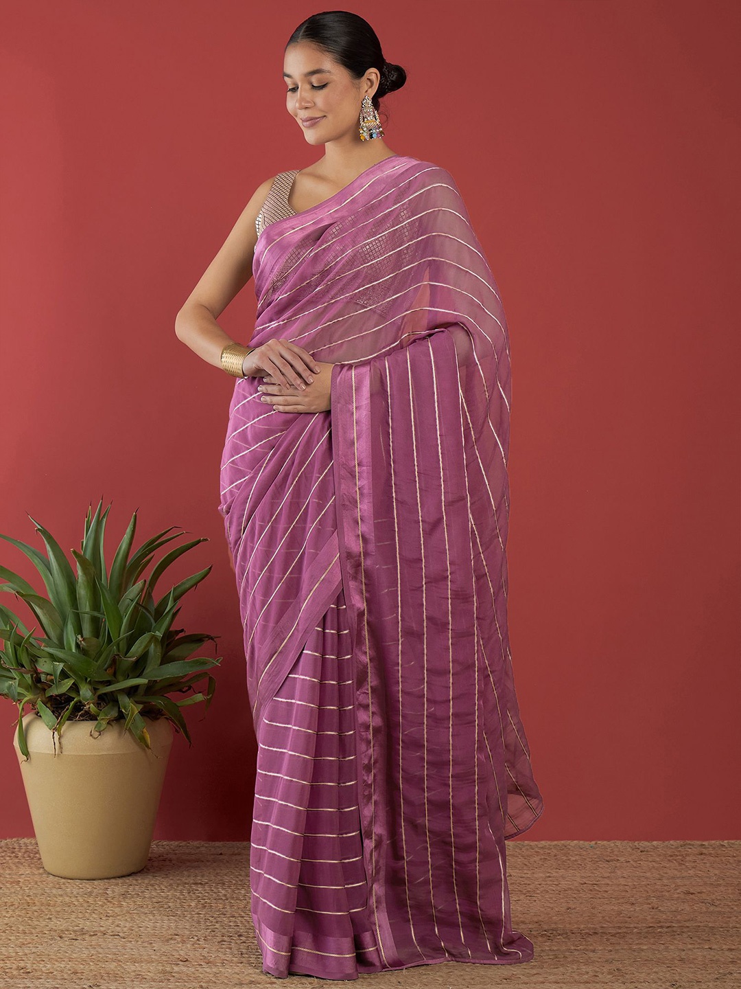 

all about you Pure Chiffon Striped Saree, Lavender