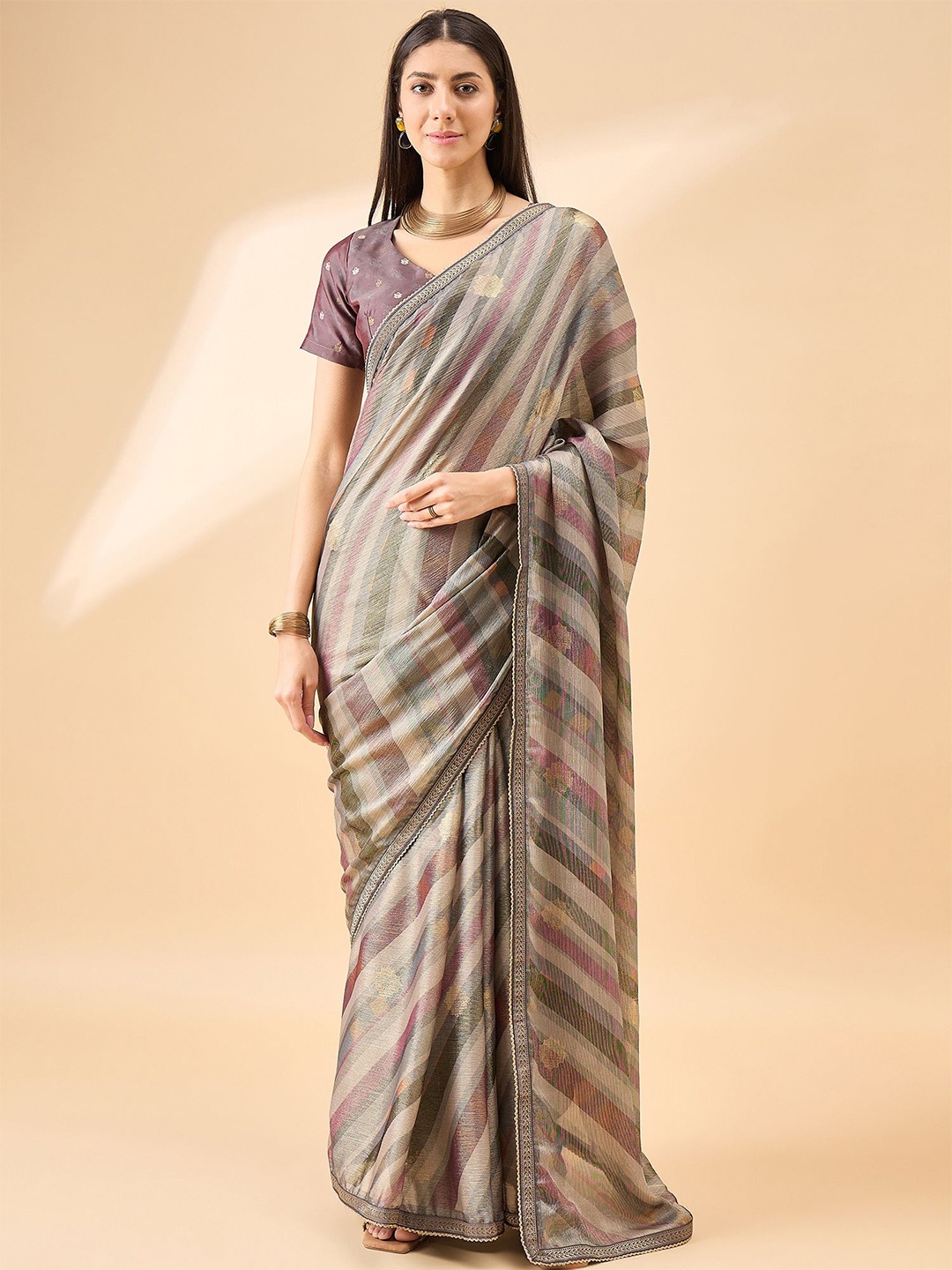 

all about you Striped Sequinned Brasso Saree, Mauve