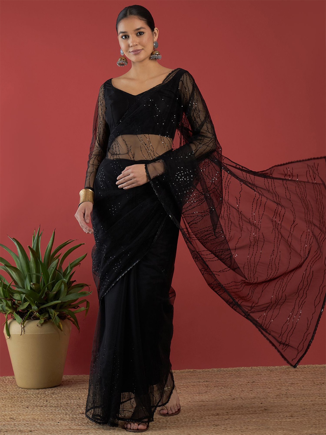 

all about you Embellished Sequinned Net Saree With Blouse Piece, Black