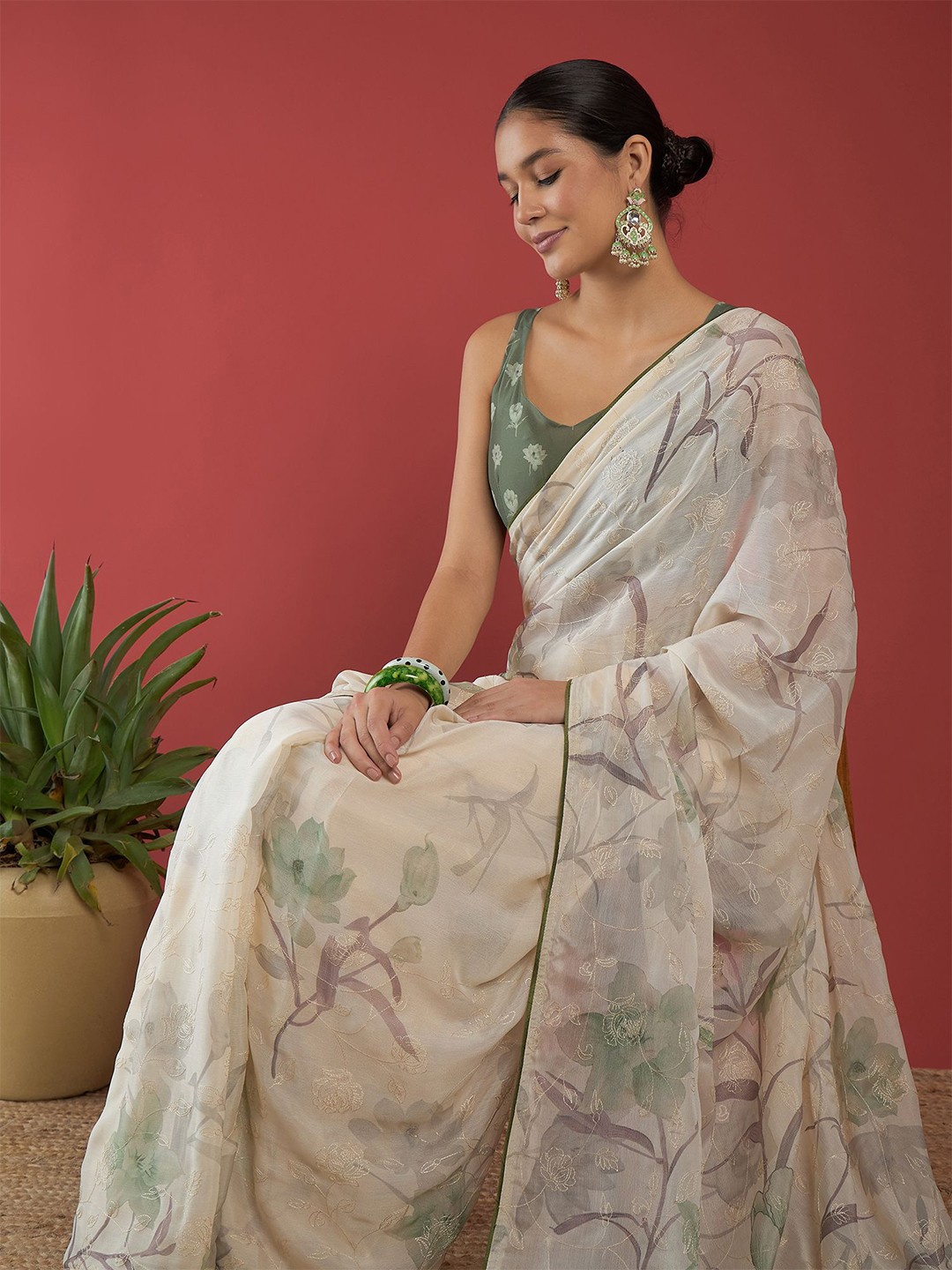 

all about you Floral Embroidered Brasso Saree, Cream