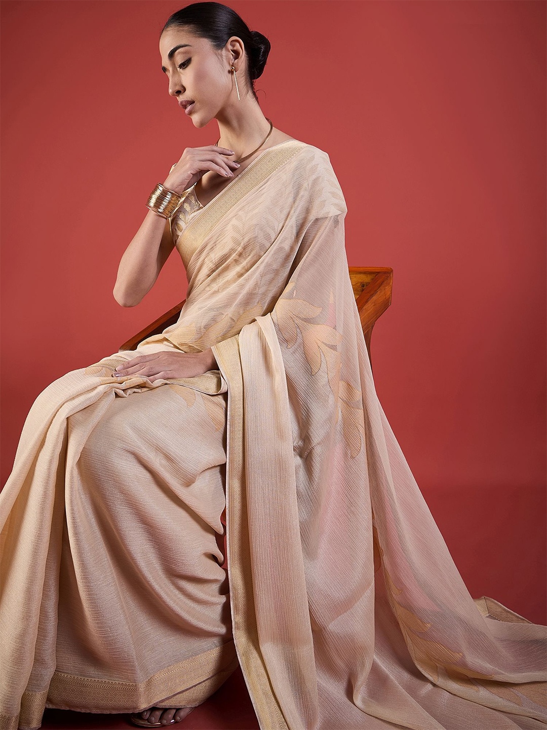 

all about you Zari Pure Chiffon Saree, Beige