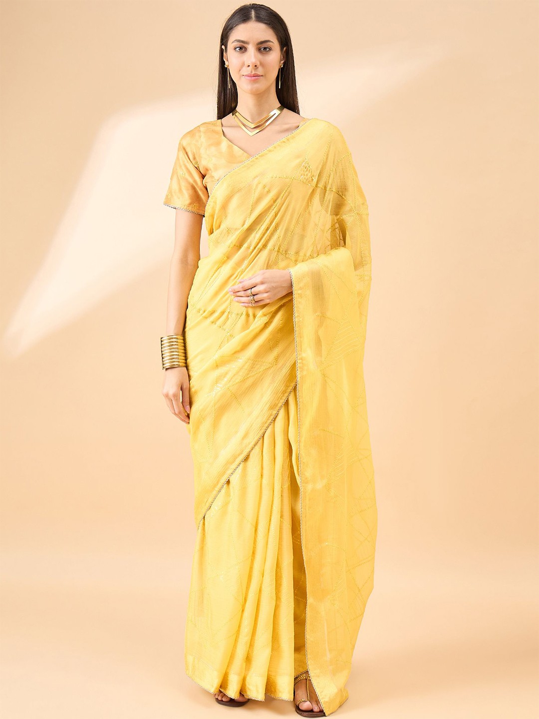 

all about you Floral Embroidered Pure Chiffon Saree, Yellow